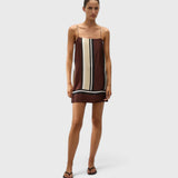 JONES + CO Phylis mini slip dress in brown and cream Sintra stripe viscose satin with thin adjustable straps.