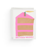 JONES + CO Piece of Cake birthday card featuring a pink frosted cake illustration with a candle on recycled paper.