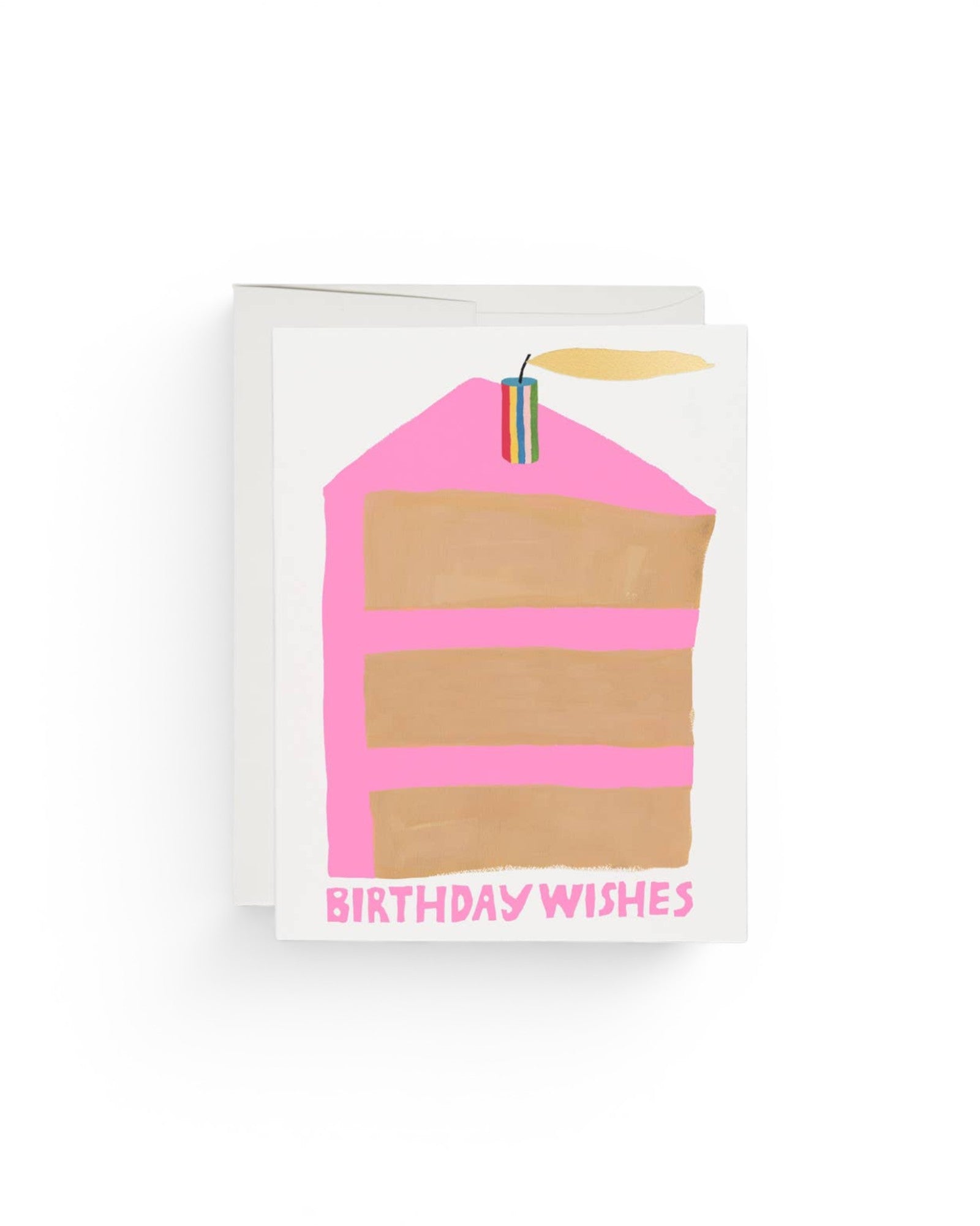 JONES + CO Piece of Cake birthday card featuring a pink frosted cake illustration with a candle on recycled paper.