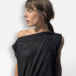 JONES + CO Pinch Shift black dress with embossed floral seersucker texture and versatile off-shoulder neckline.