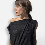 JONES + CO Pinch Shift black dress with embossed floral seersucker texture and versatile off-shoulder neckline.