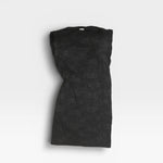 JONES + CO Pinch Shift dress in black with embossed floral seersucker texture and wide neckline