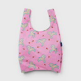 JONES + CO reusable grocery bag in pink ripstop nylon with a cute lamb and rose print pattern