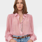 JONES + CO pink sheer crinkled texture button-up shirt with voluminous sleeves and pointed collar.