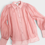 JONES + CO pink sheer crinkled texture button-up shirt with voluminous sleeves and pointed collar.