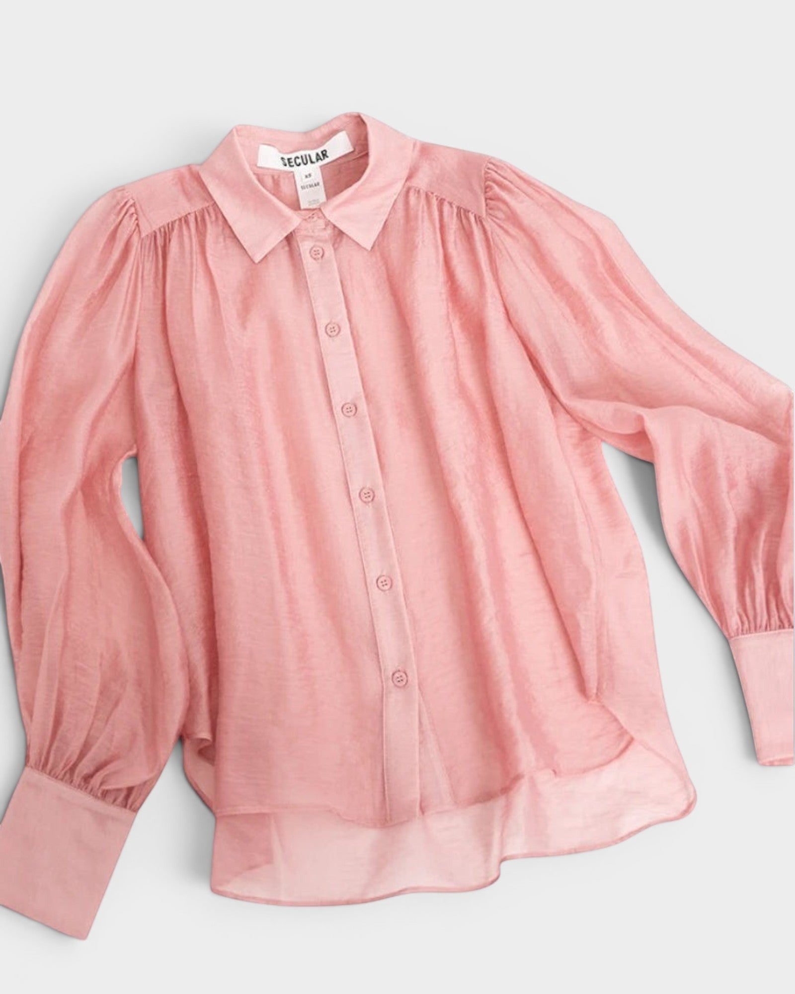 JONES + CO pink sheer crinkled texture button-up shirt with voluminous sleeves and pointed collar.