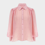 JONES + CO pink sheer button-up shirt with voluminous sleeves and crinkled texture.