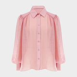 JONES + CO pink sheer button-up shirt with voluminous sleeves and crinkled texture.