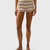 JONES + CO Playa mini shorts in Cila stripe butter knit fabric with a mid-rise ribbed elasticated waistband.