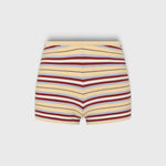 JONES + CO Playa mini shorts in butter yellow with red and blue horizontal stripes, featuring a ribbed waistband.