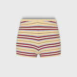 JONES + CO Playa mini shorts in butter yellow with red and blue horizontal stripes, featuring a ribbed waistband.