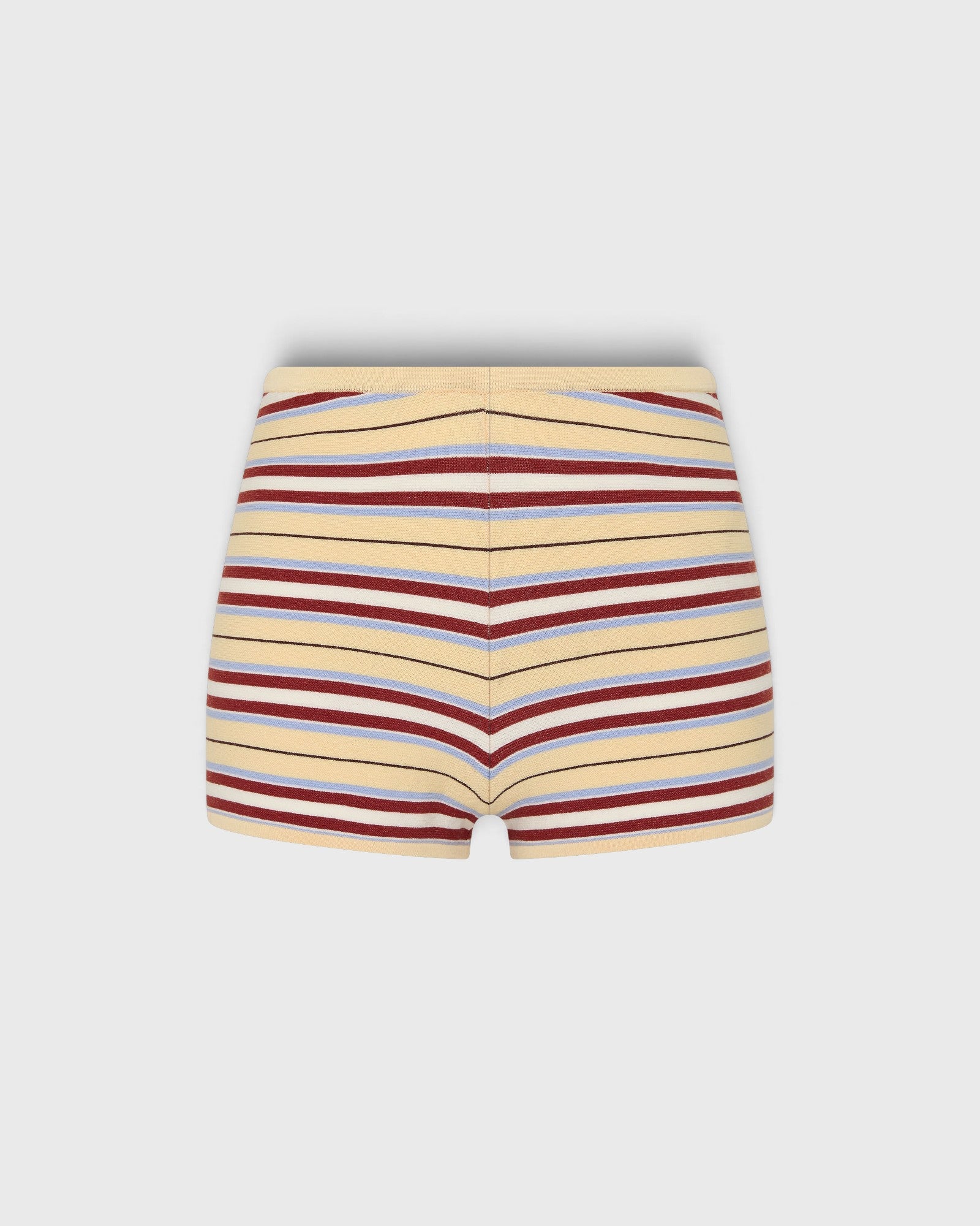 JONES + CO Playa mini shorts in butter yellow with red and blue horizontal stripes, featuring a ribbed waistband.