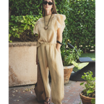 JONES + CO cream pleated linen blend top with flutter sleeves and wide-leg pants set.