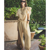 JONES + CO cream pleated linen blend top with flutter sleeves and wide-leg pants set.