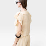 JONES + CO cream pleated linen blend wide leg pants and flutter sleeve top set with off-shoulder option