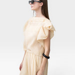 JONES + CO cream pleated linen blend wide leg pants and flutter sleeve top set with drawstring waist.