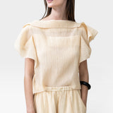 JONES + CO cream pleated linen blend wide leg pants and flutter sleeve top set with drawstring waist.