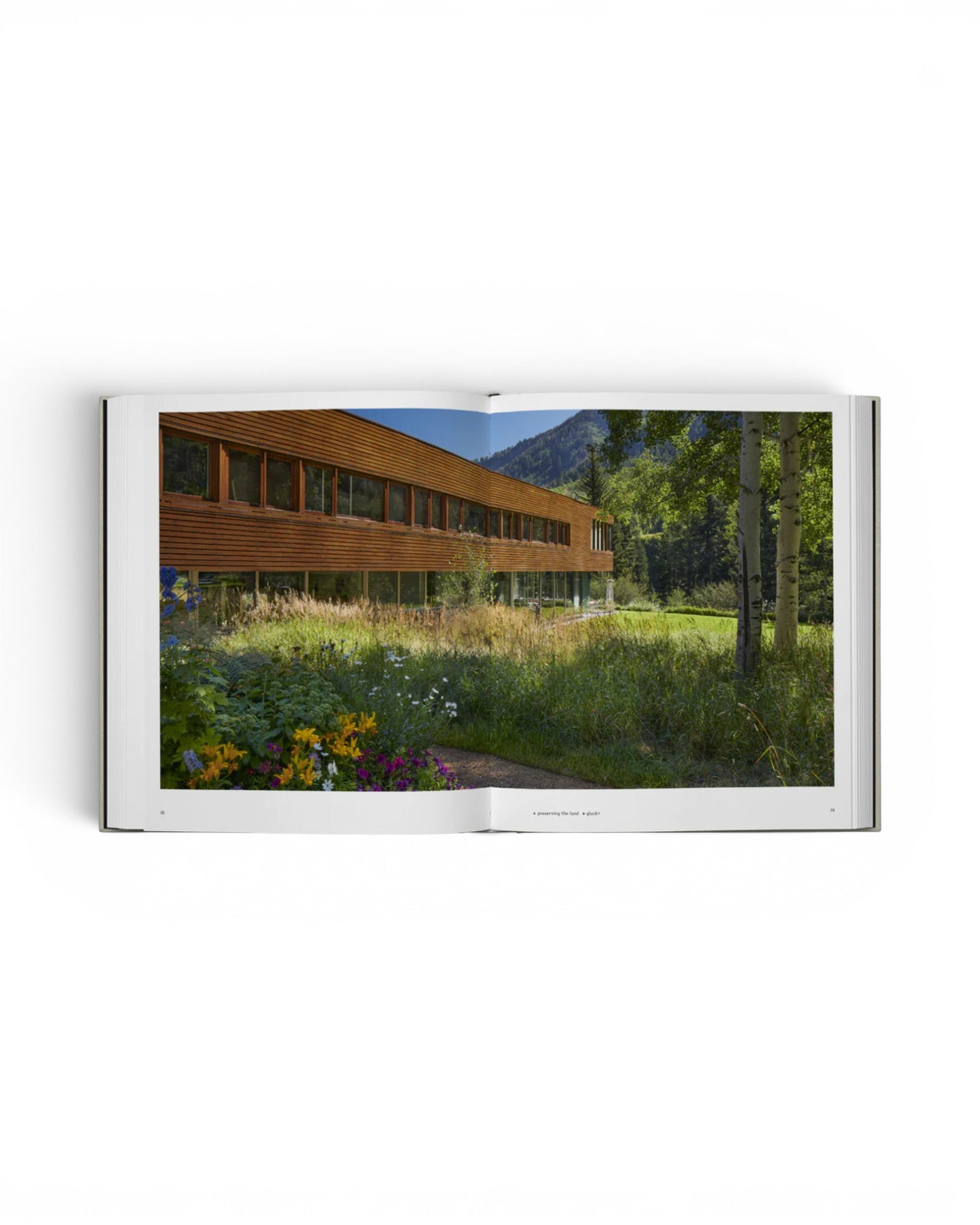 JONES + CO Private Aspen book open to a photograph of a modern wooden house set in a lush mountain meadow.