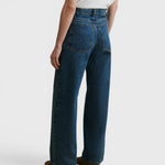 JONES + CO Puerto high-rise straight leg jeans in aged indigo cotton denim, back view on a model.