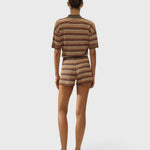 JONES + CO Raya high-rise knit shorts in Lais multi-color stripe with a ribbed waistband and zig zag hem, back view.