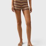JONES + CO Raya high-rise knit mini shorts in a multi-color zig zag stripe pattern with a scalloped hem