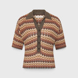 JONES + CO Raya polo top in Lais stripe crochet-feel knit with a collared neckline, button front, and short sleeves.