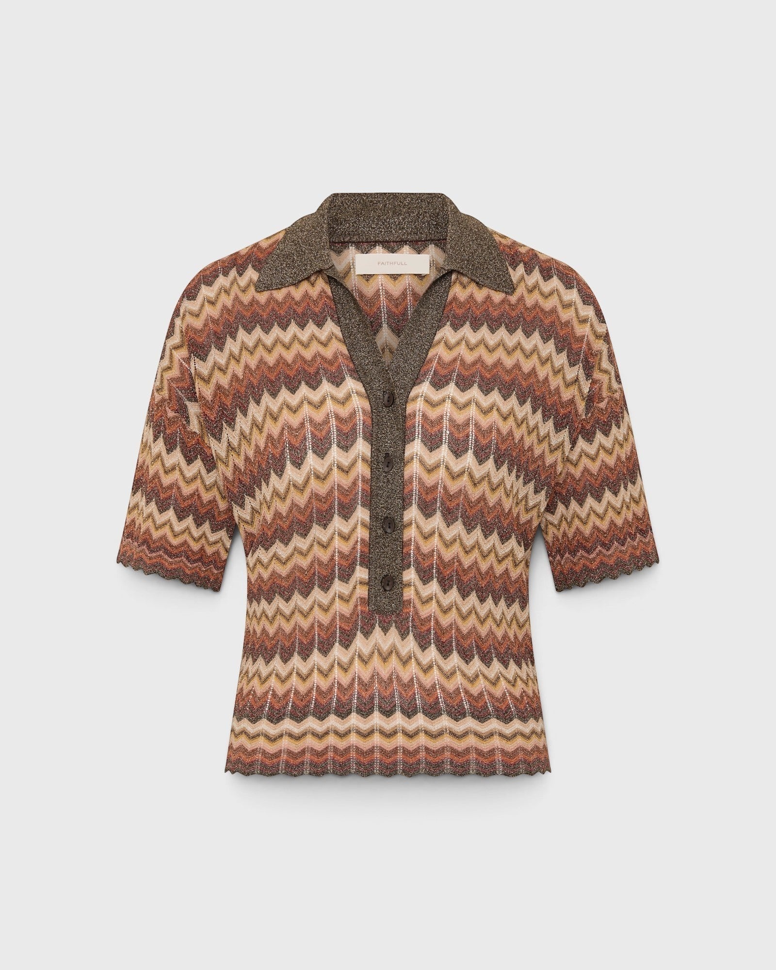 JONES + CO Raya polo top in Lais stripe crochet-feel knit with a collared neckline, button front, and short sleeves.