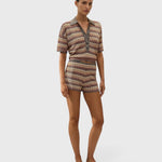 Model wearing JONES + CO Raya polo top in Lais stripe crochet knit with collared neckline and short sleeves.