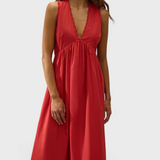 JONES + CO red cotton poplin midi dress with V-neckline, broderie lace trim, and gathered A-line skirt.