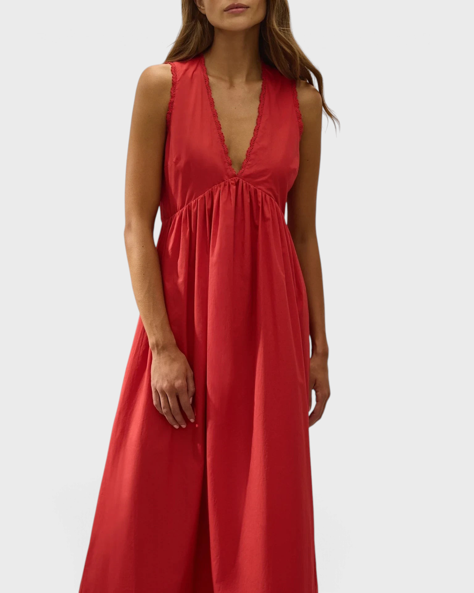 JONES + CO red cotton poplin midi dress with V-neckline, broderie lace trim, and gathered A-line skirt.