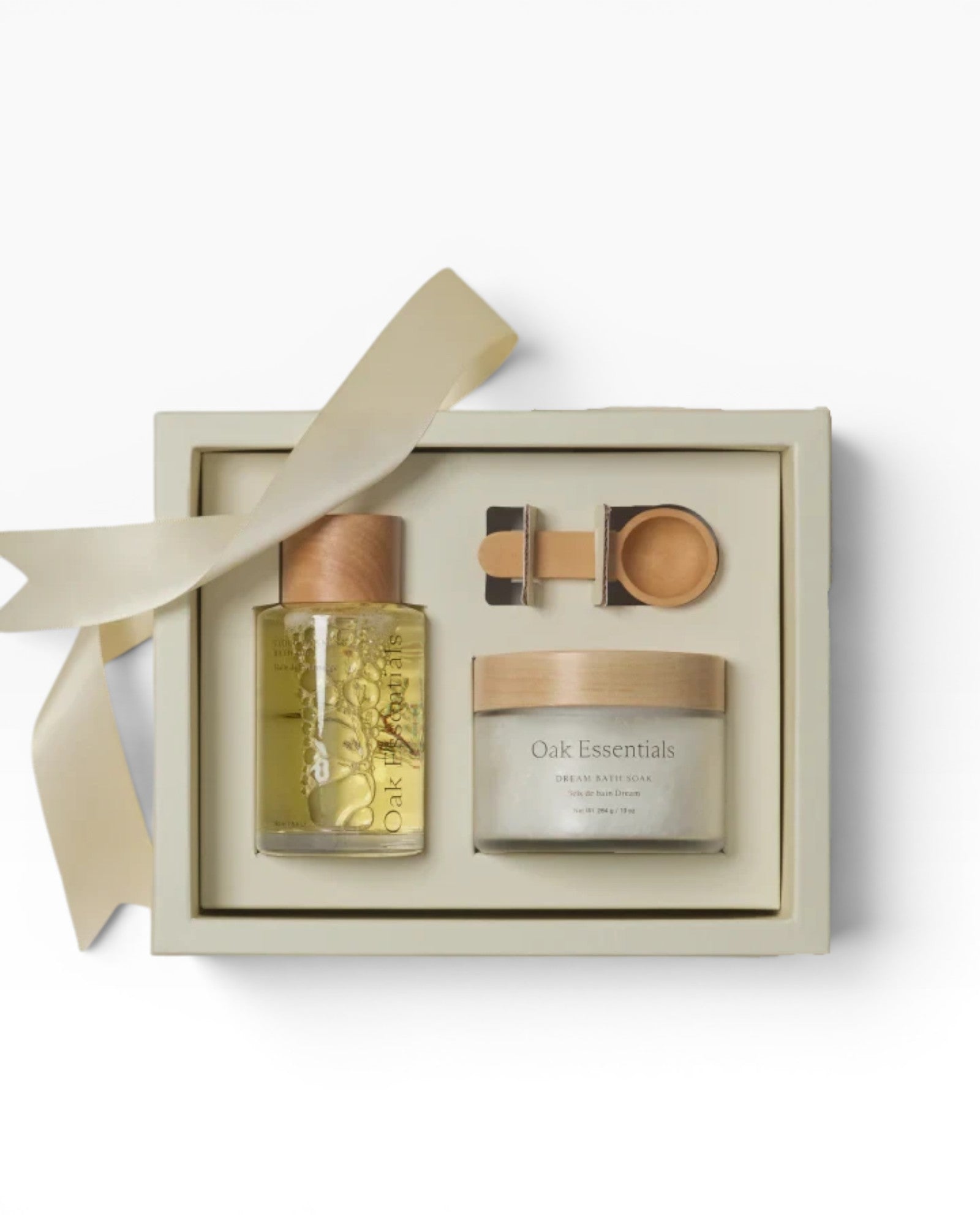 JONES + CO Relaxation Bath Set with magnesium soak and hydrating bath oil, presented in a gift box with ribbon.