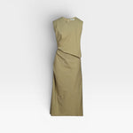 JONES + CO Rini Dress in khaki cotton, sleeveless with asymmetrical draped pleat detail and straight skirt.