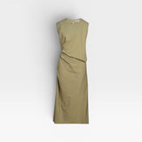 JONES + CO Rini Dress in khaki cotton, sleeveless with asymmetrical draped pleat detail and straight skirt.
