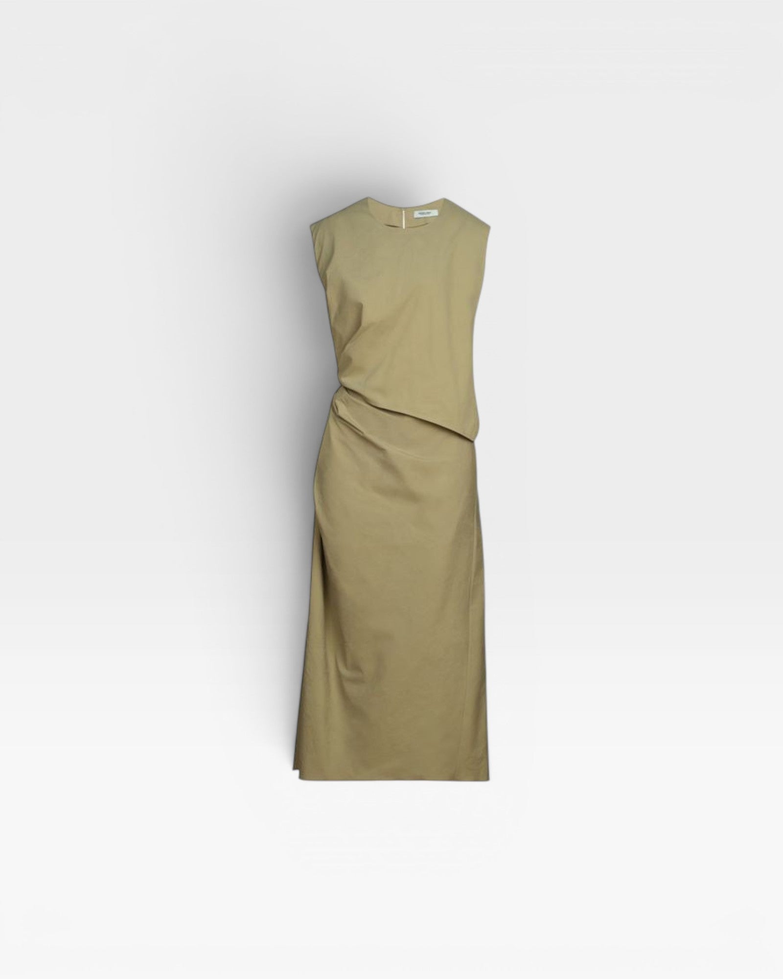 JONES + CO Rini Dress in khaki cotton, sleeveless with asymmetrical draped pleat detail and straight skirt.