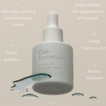 JONES + CO Ritual Oil, a lightweight Blue Tansy face oil in a white dropper bottle, shown with spilled oil.
