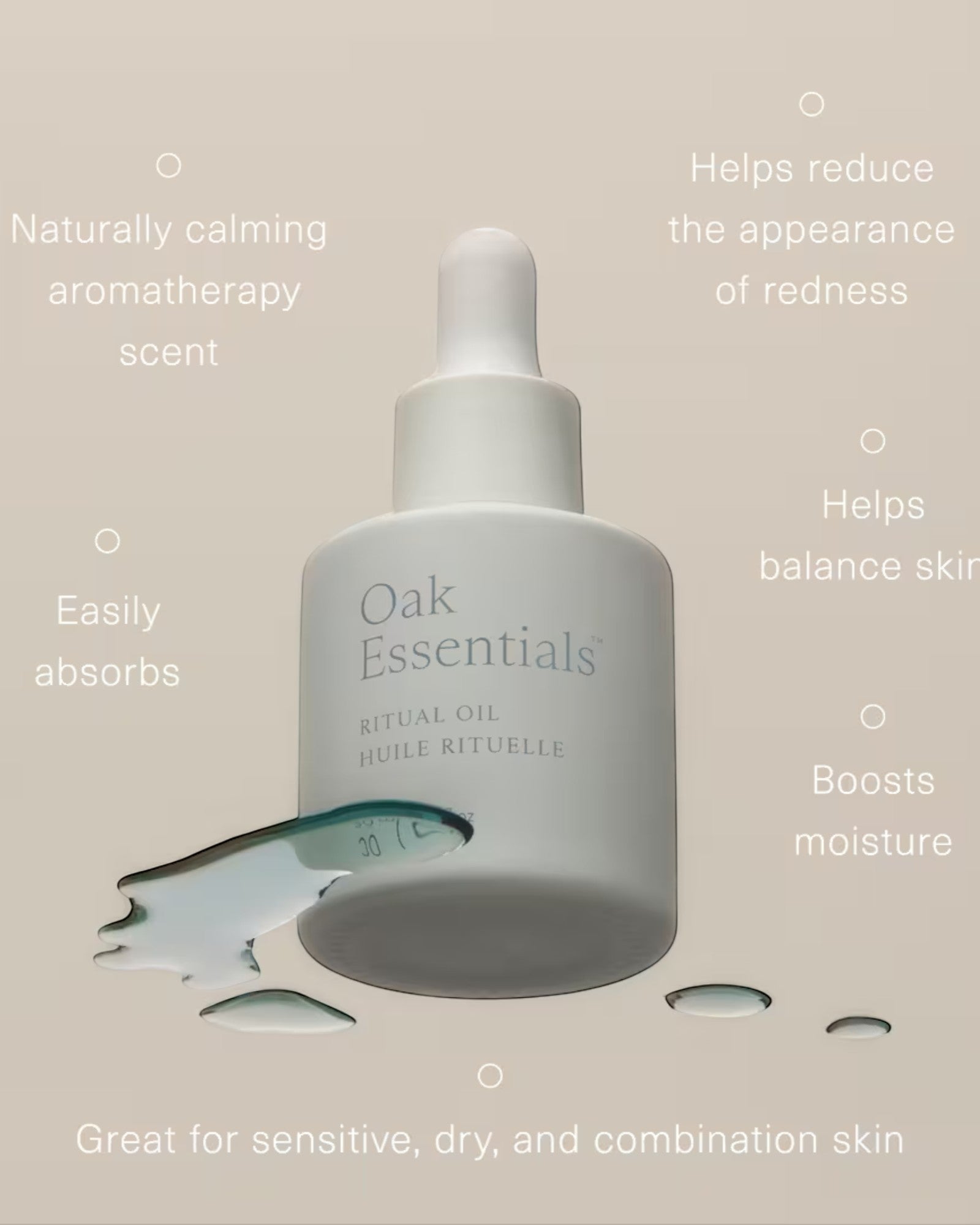 JONES + CO Ritual Oil, a lightweight Blue Tansy face oil in a white dropper bottle, shown with spilled oil.