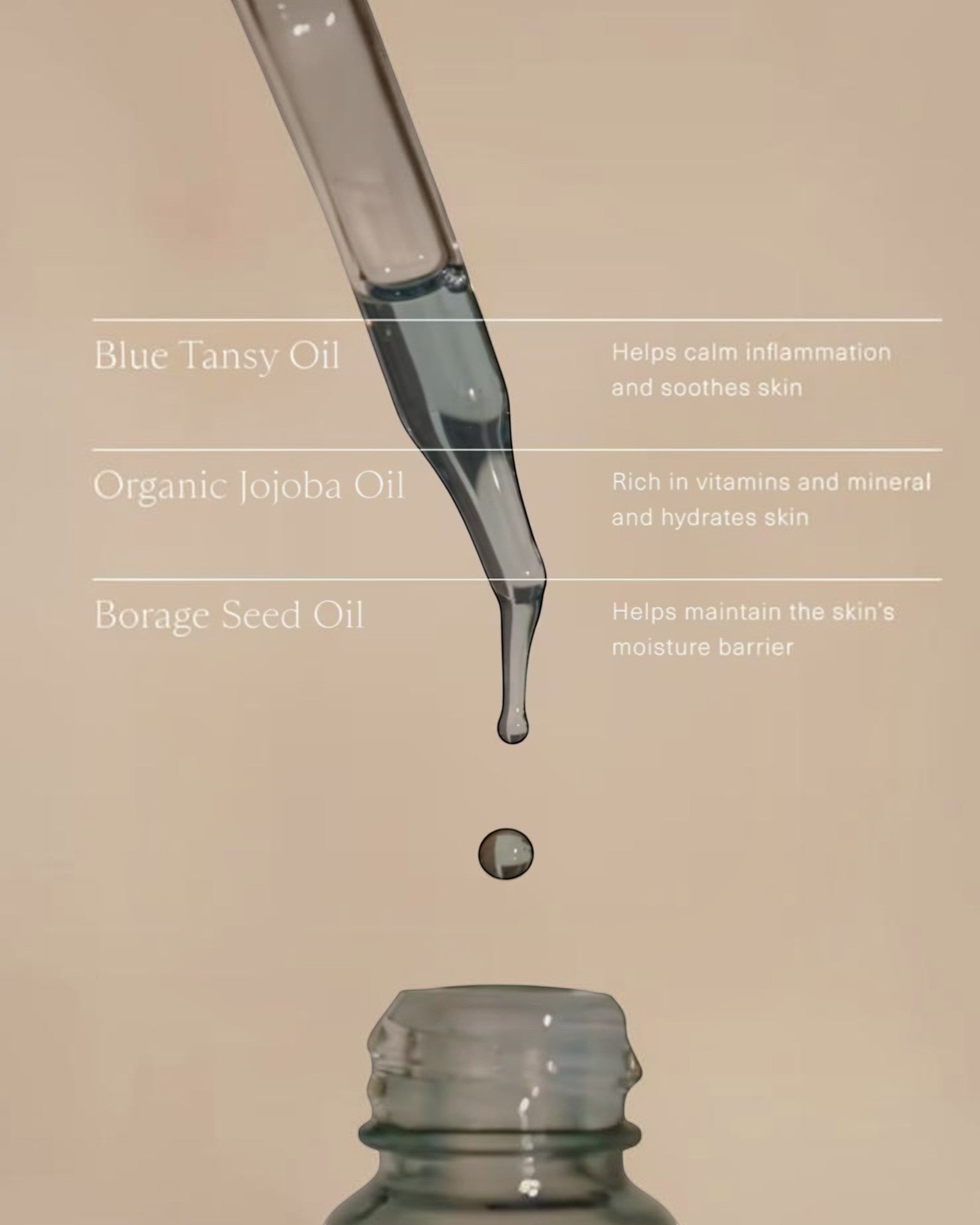 JONES + CO Ritual Oil, a blue tansy face oil with jojoba and borage seed oil, shown with a dropper dispensing a drop.