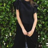 JONES + CO black crinkled texture Rivera top with flutter sleeves and collar detail