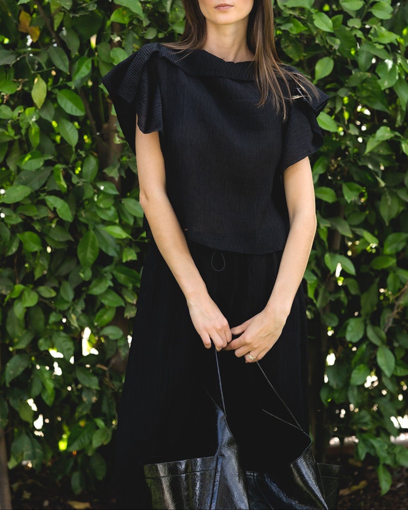 JONES + CO black crinkled texture Rivera top with flutter sleeves and collar detail