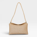 JONES + CO Roux fold-over clutch bag in handwoven beige leather with braided strap and magnetic closure.