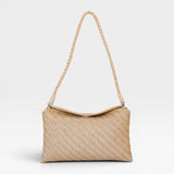 JONES + CO Roux fold-over clutch bag in handwoven beige leather with braided strap and magnetic closure.