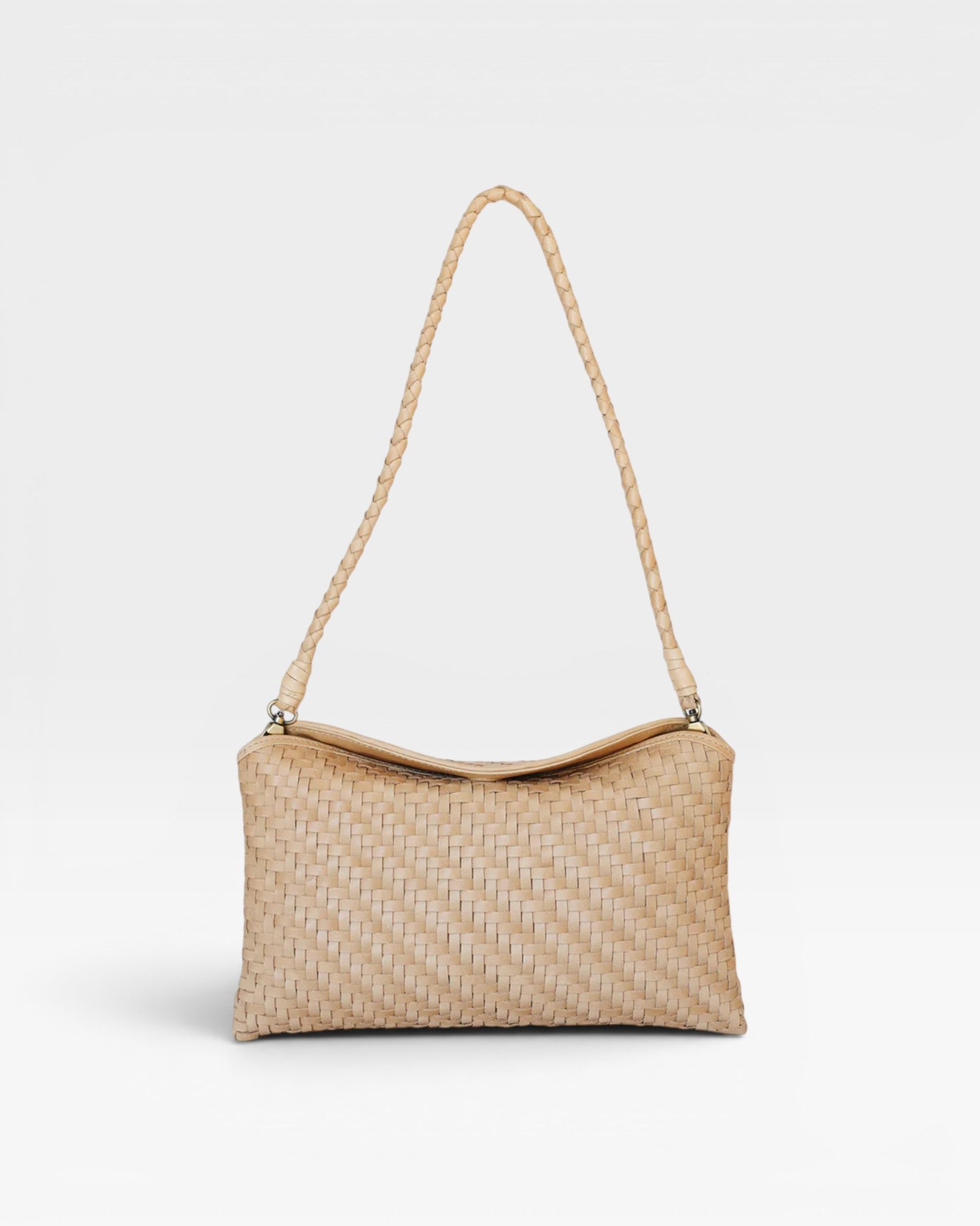 JONES + CO Roux fold-over clutch bag in handwoven beige leather with braided strap and magnetic closure.