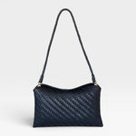 JONES + CO Roux Clutch: Fold-over flap bag in handwoven dark blue leather with a braided strap and magnetic closure.