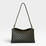 JONES + CO Roux Clutch in dark green handwoven leather with a fold-over flap and removable strap.