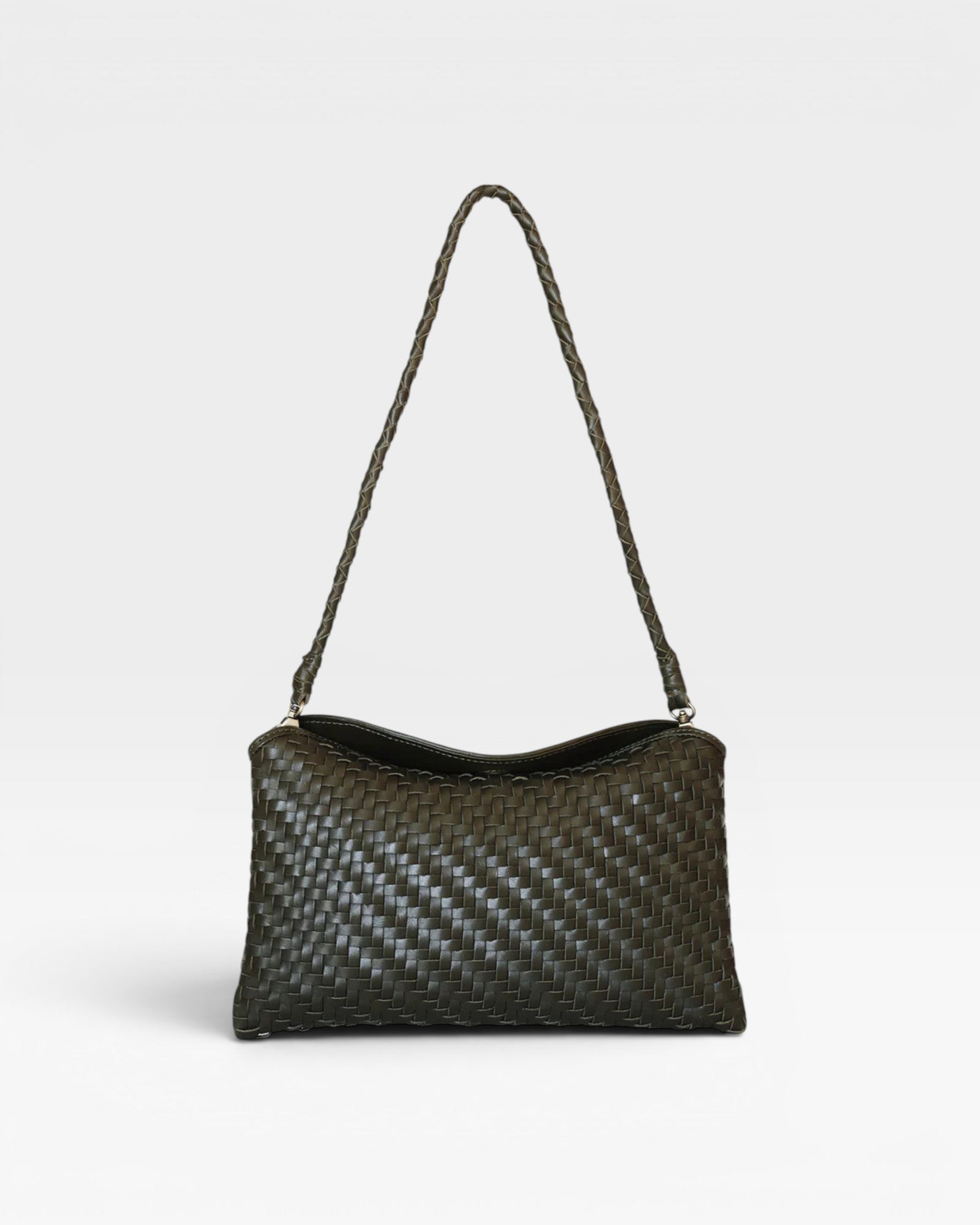 JONES + CO Roux Clutch in dark green handwoven leather with a fold-over flap and removable strap.