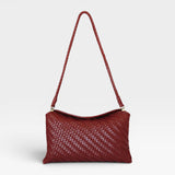 JONES + CO Roux fold-over clutch bag in woven red leather with a removable strap and magnetic closure.