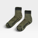 JONES + CO Le Bon Shoppe Girlfriend crew socks in sage green with navy blue varsity stripes and logo detail