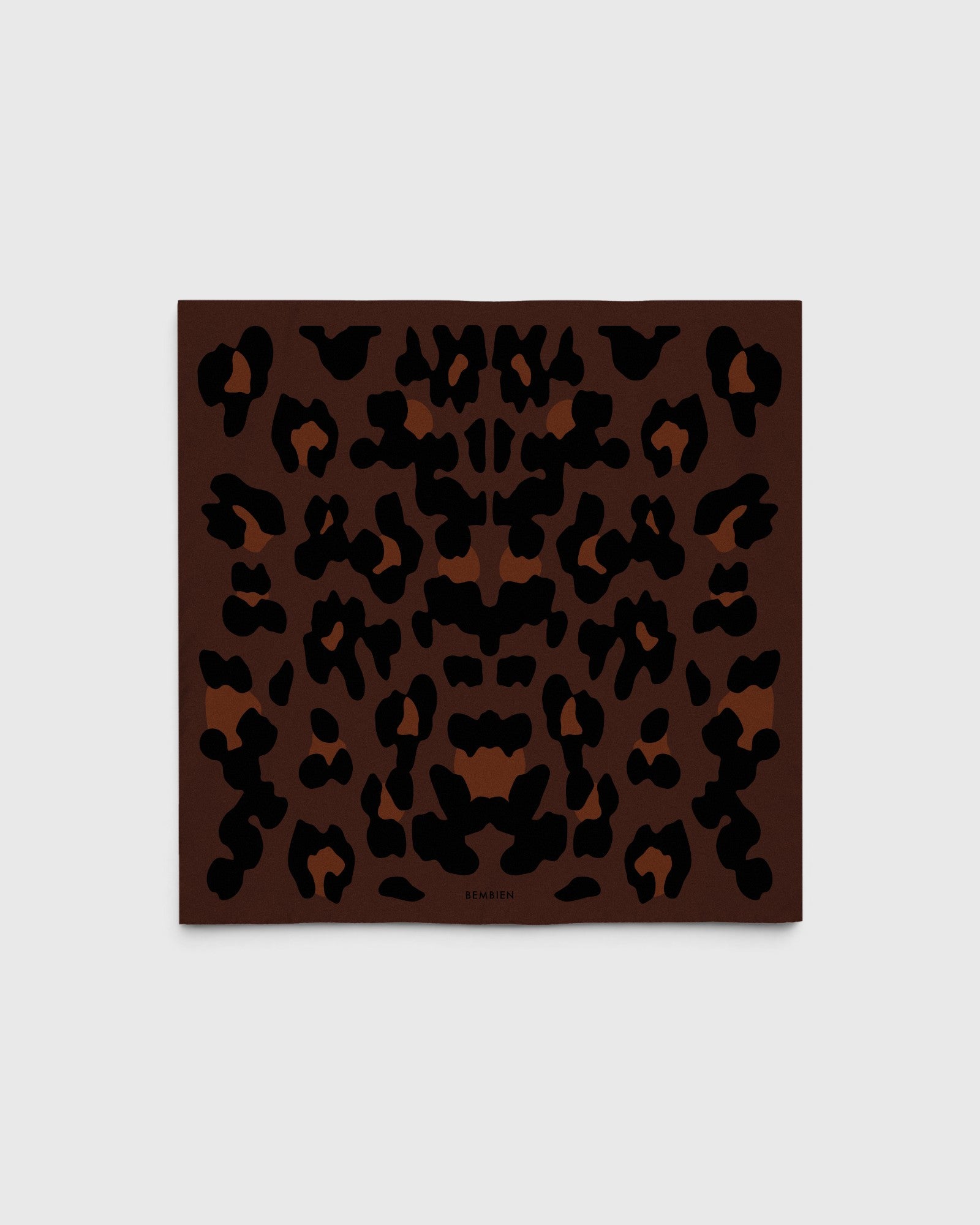 JONES + CO Sahara Scarf in espresso brown featuring a hand-printed leopard pattern on matte silk crêpe de Chine.