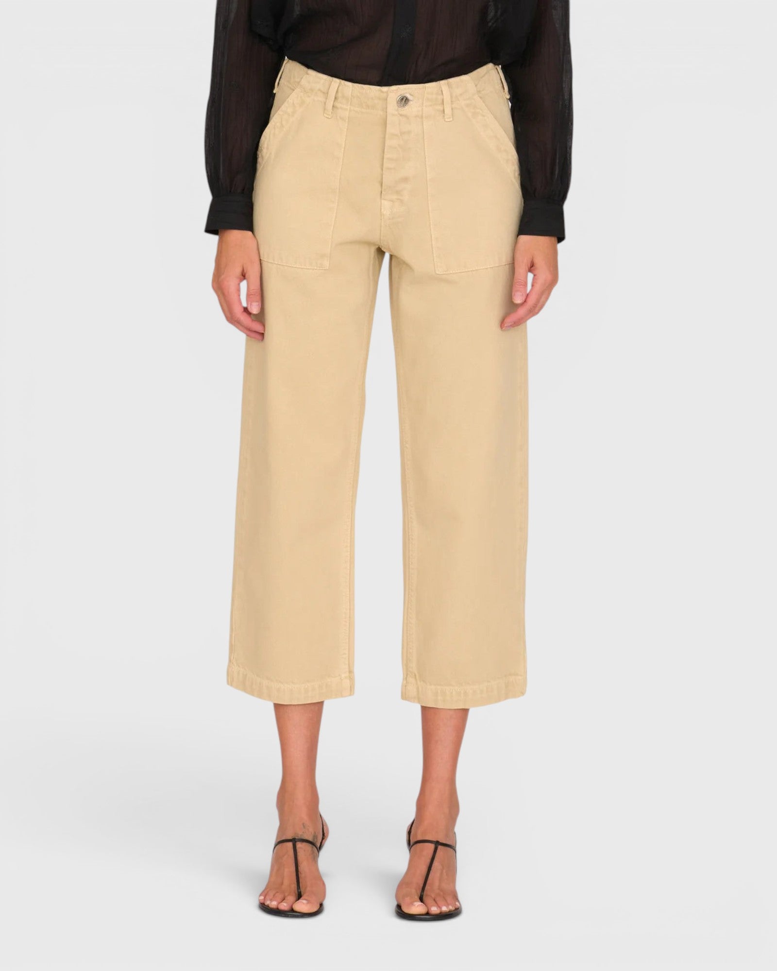 JONES + CO Alex mid-rise utility jeans in sand cotton with a straight leg and front patch pockets