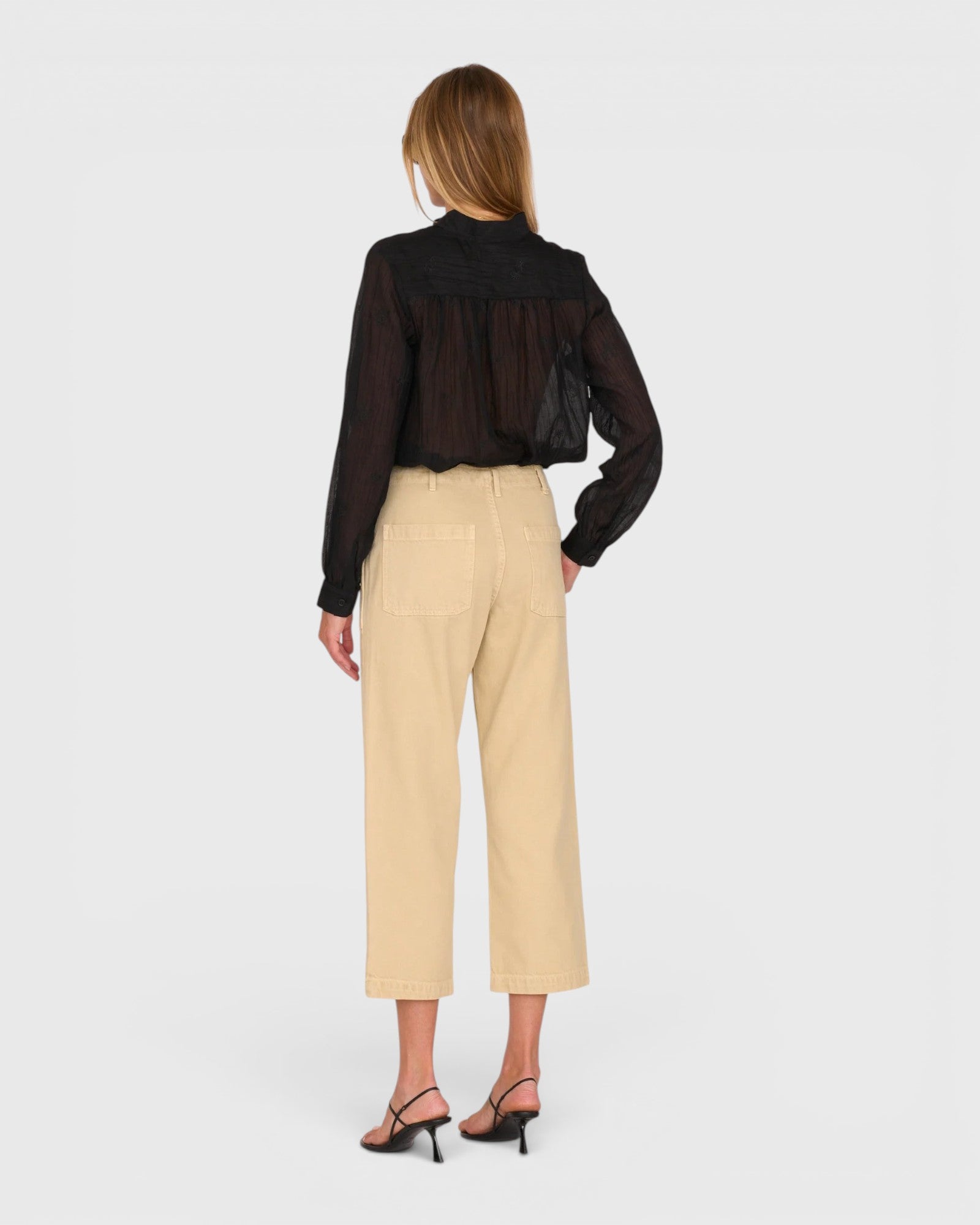 JONES + CO Alex mid-rise utility cotton jeans in sand with patch pockets and straight leg, back view